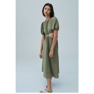 Zara Sage Green Cut-Out O-Ring Midi Dress Puff Sleeves Size M